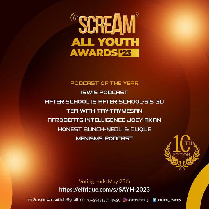 AfrobeatsIntel's tweet photo. Good news!!!!📢
We are excited to have been nominated for 'Podcast of the Year' award at the @ScreamMag All Youth Awards 2023.

Please vote Afrobeats Intelligence and retweet. 
Link below https://t.co/cqA3bMCj4w