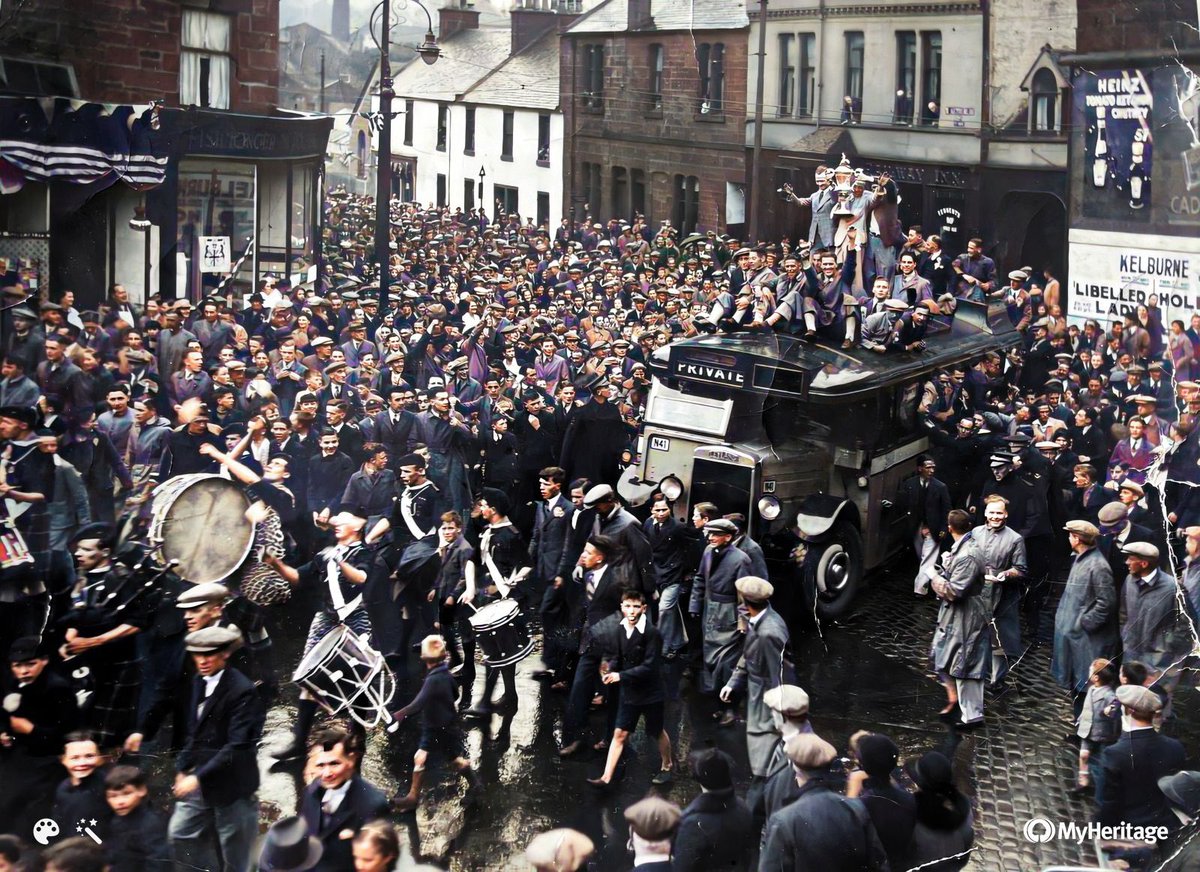 ArthurlieFC's tweet photo. Colourised version of the 1937 Scottish Cup Winning Celebrations 🔵⚪️🔵⚪️🔵 https://t.co/Cm74iaf4YG