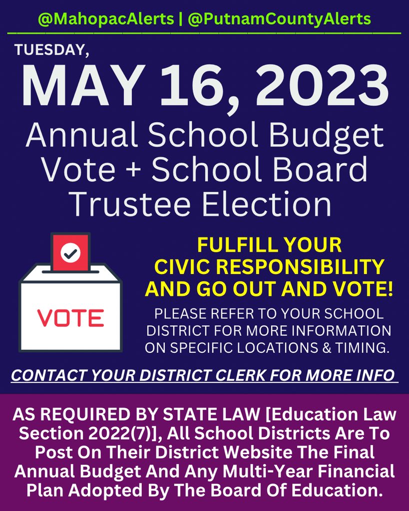 🗳️Please Go Out &amp; Vote Next Tuesday, May 16, 2023 For Your School District's Budget &amp; School Board Trustees. Specifics On Location &amp; Timing Can Be Found On Your District's Website.