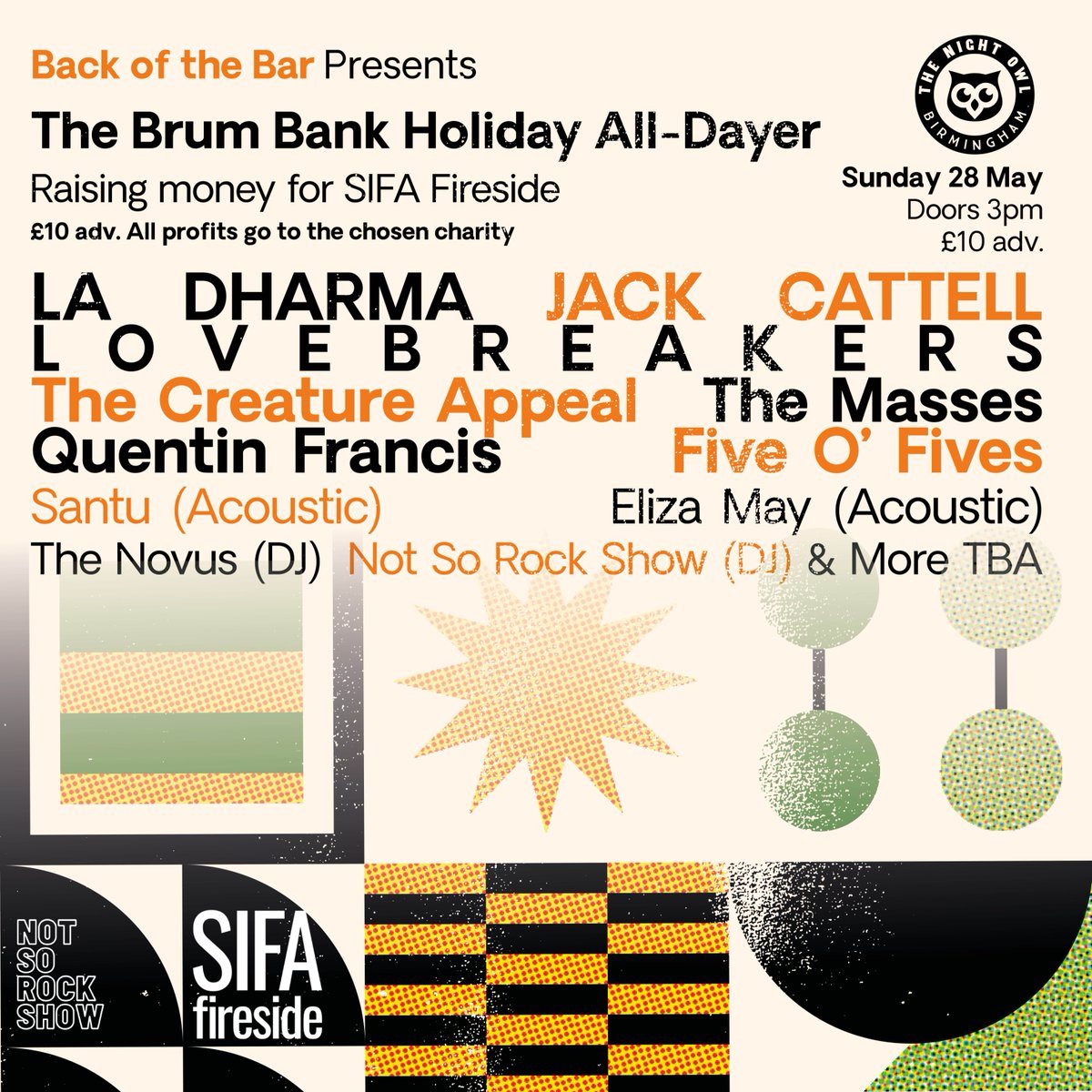 Just under 3 weeks to go til Back of the Bar's charity all-dayer!📆

Get ready for a whole day of live music from Santu, @elizamaymusic, @thefiveofives, @QuentinFrancis_,  The Masses, @LOVEBREAKERSx, @JCattellMusic & @ladharmaband 🙌

Book here 👉 bit.ly/BOTBAllDayer