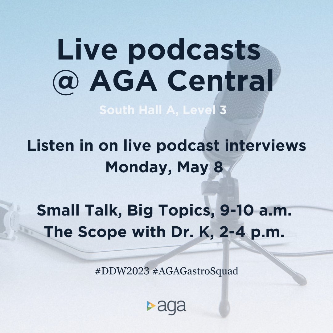 Be a part of a live studio audience today in AGA Central! 🎙

First up, a special live episode of #SmallTalkBigTopics with @MJWhitsonMD, @CSTseMD and @NinaNandyMD feat. @BilalMohammadMD at 9-10 a.m.

Join us bright and early for another great day at #DDW2023!