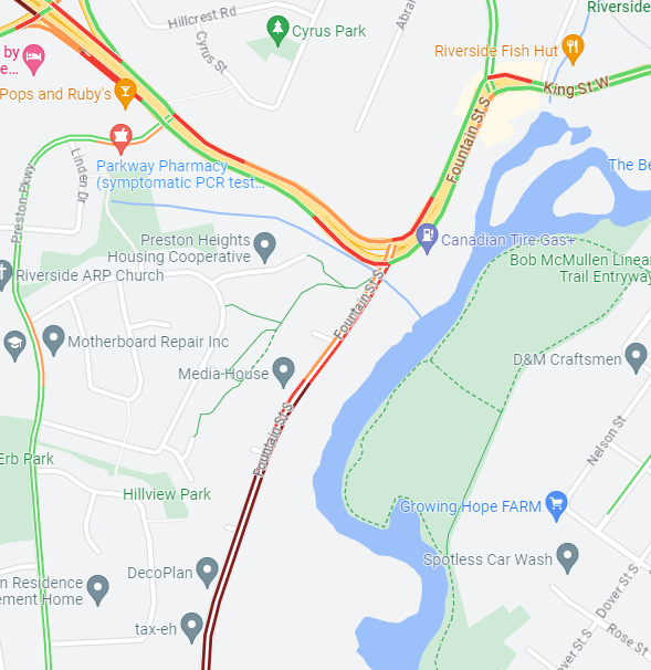 NewsRadioKIT's tweet photo. Crash right at the bottom of the hill at the traffic lights at Fountain Street South and Shantz Hill Road.

Multiple lanes are blocked with restricted access to Shantz Hill Road going up the hill. https://t.co/orth4NtgRN