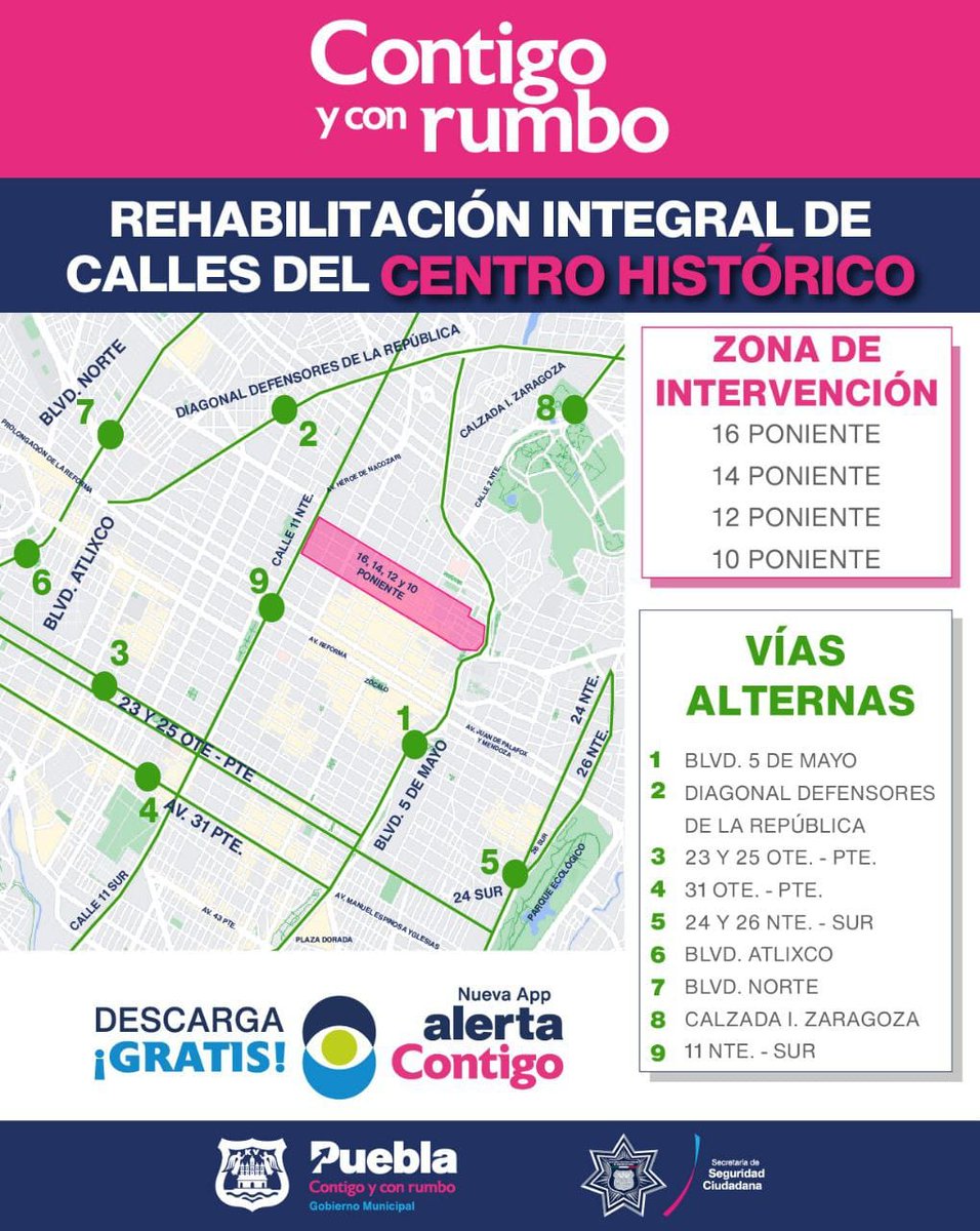 #Entérate 🚨 | Ante la realización de obras de rehabilitación integral en las calles 10, 12, 14 y 16 Oriente - Poniente, te compartimos el mapa de rutas alternas. ⛪

🛣️ Circula con precaución. 

#ConrigoYconRumbo ➡️