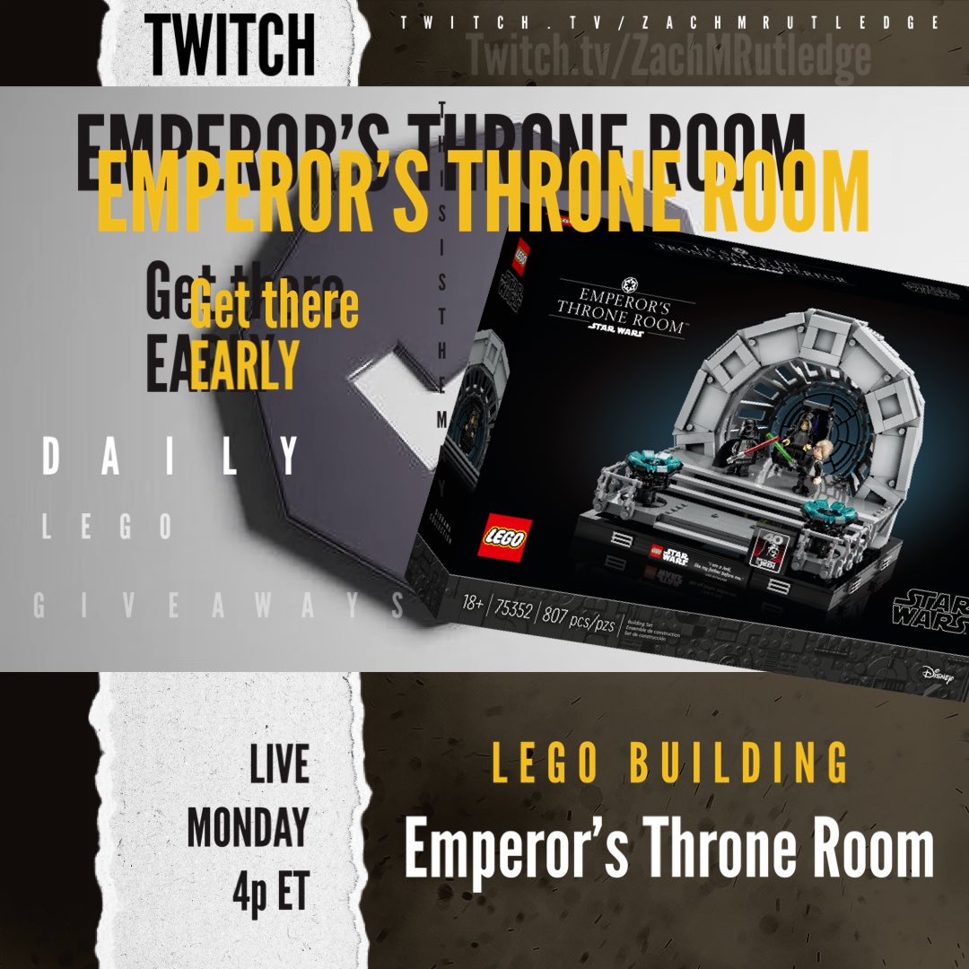 STAR WARS MONTH CONTINUES!

#lego building the new Emperor’s Throne Room Diorama. 

Stream begins at 4p ET on #twitch with the Death Star II GWP build! 

Giveaways at the end of stream double if 50 Retweets are hit!

>> twitch.tv/ZachMRutledge <<

#afol #starwars #thisisthemay