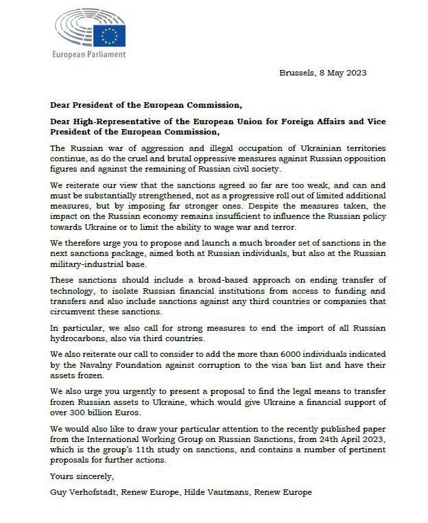 guyverhofstadt's tweet image. 73 MEPs call upon @vonderleyen @JosepBorrellF to double down on sanction &amp;amp; target:
✔️ Russian financial institutions
✔️ 3rd countries &amp;amp; companies circumventing sanctions
✋🏻 tech transfer
✋🏻 import hydrocarbons also indirectly
❌ full Navalny list 6.000 sanctioned

And use frozen…