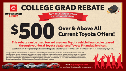 Want to buy a new car as a graduation present for your graduate? Then come by and check out our new vehicles and take advantage of our College Grad Rebate! #ToyotaClevelandHeights #CollgeGradRebate #CustomersForLife #Toyota #ClevelandHeights #CLE