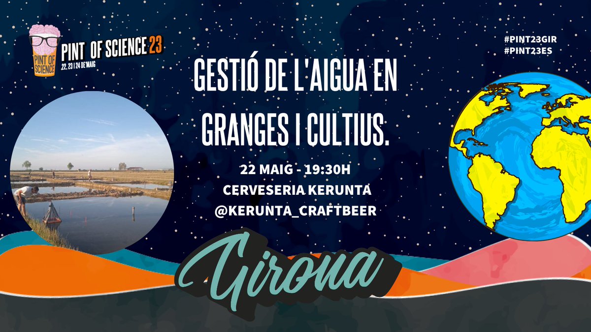 Girona7ciencia's tweet image. Queden només 2 setmanes pel festival @pintofsciencees !!!
22 de Maig, 19:30h al #Kerunta
"Gestió de l'aigua en granges i cultius"
Per @lucasalonso89 del @icrawater, i Sebastián Echeverría del @irtacat
#PINT23GIR #PINT23ES
Patrocina: @icrawater @idibgi @c4dudg @EUERAM  @btmsound