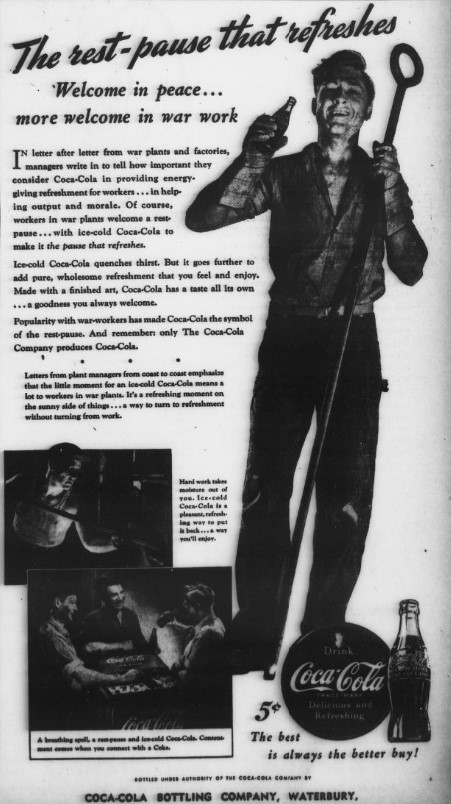 CTDigNewspaper's tweet photo. 🥤On May 8, 1886, John Pemberton (you know, the pharmacist?) sold Coca-Cola for the first time. Back then, Coke was sold as a medicine! This ad was published in the Waterbury Democrat, April 12, 1943. #NDNP https://t.co/MMvFPuCBTk