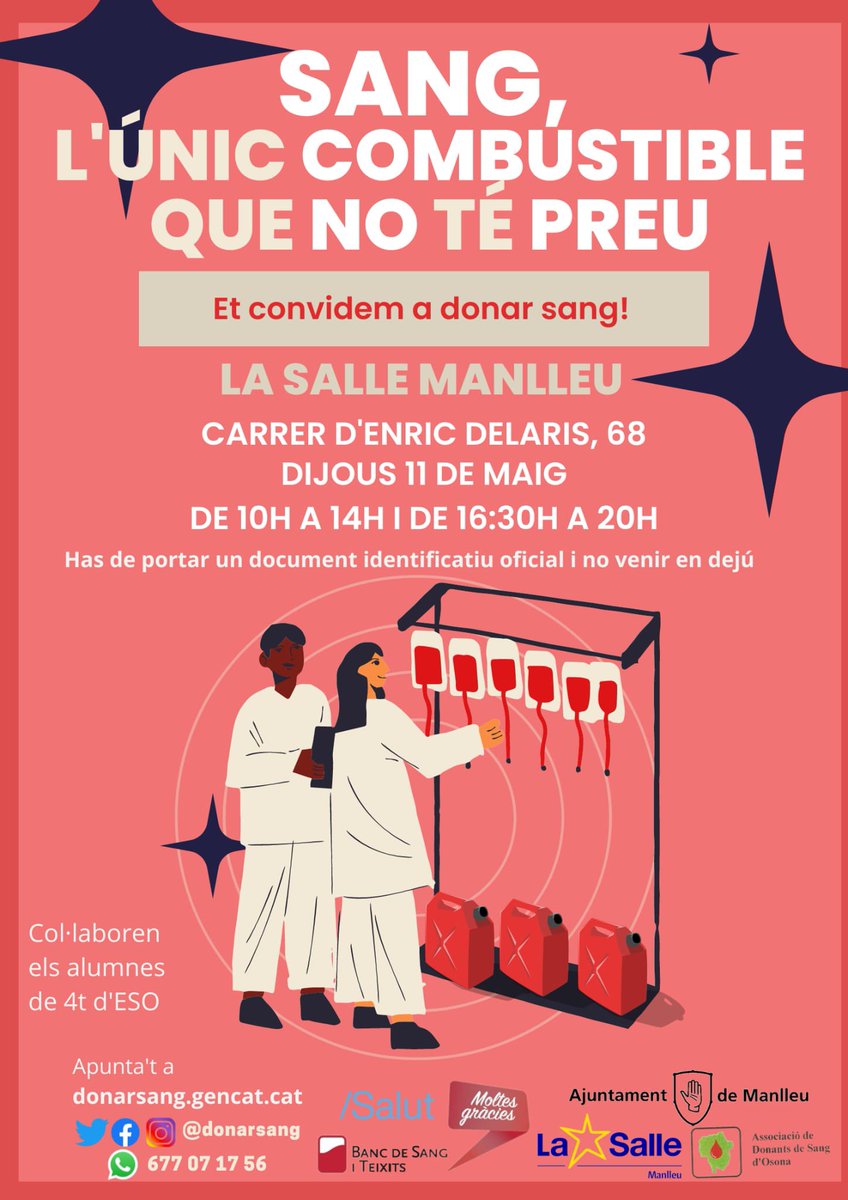 LaSalleManlleu's tweet photo. 🩸 El dijous 11 de maig ja el tenim aquí! 
.
👉🏻 T’esperem a l’acapte de sang organitzat per un equip de #Faig #ApS de #4ESO
.
✏️ Apunta’t clicant…
https://t.co/eJ0xupNryj https://t.co/U5cvGsfz8c