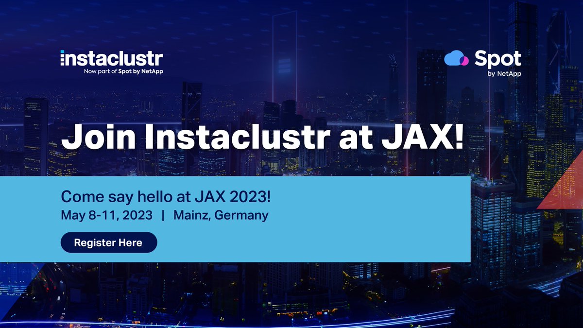 Instaclustr's tweet image. Are you ready for JAX tomorrow?

Stop by our stand and say hello! Talk with some members of our team to learn more about our offerings, view a live demo, and enter for our free giveaways!  

Register for JAX here: jax.de/mainz 

#SpotByNetApp #Instaclustr #JAXcon