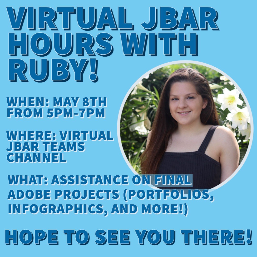 One of JSchool Tech's Labbies, Ruby, is holding Virtual JBar hours from 5pm-7pm tonight! Stop by the Microsoft Teams Channel for assistance on Adobe or creative projects!