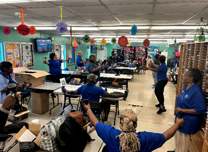 HISDBenefits's tweet photo. The Barnett Motor Pool team incorporated resistance bands into today's workout session. Regular exercise improves physical &amp; mental health. #MentalHealthAwarenessMonth https://t.co/mluP0Npe4Y