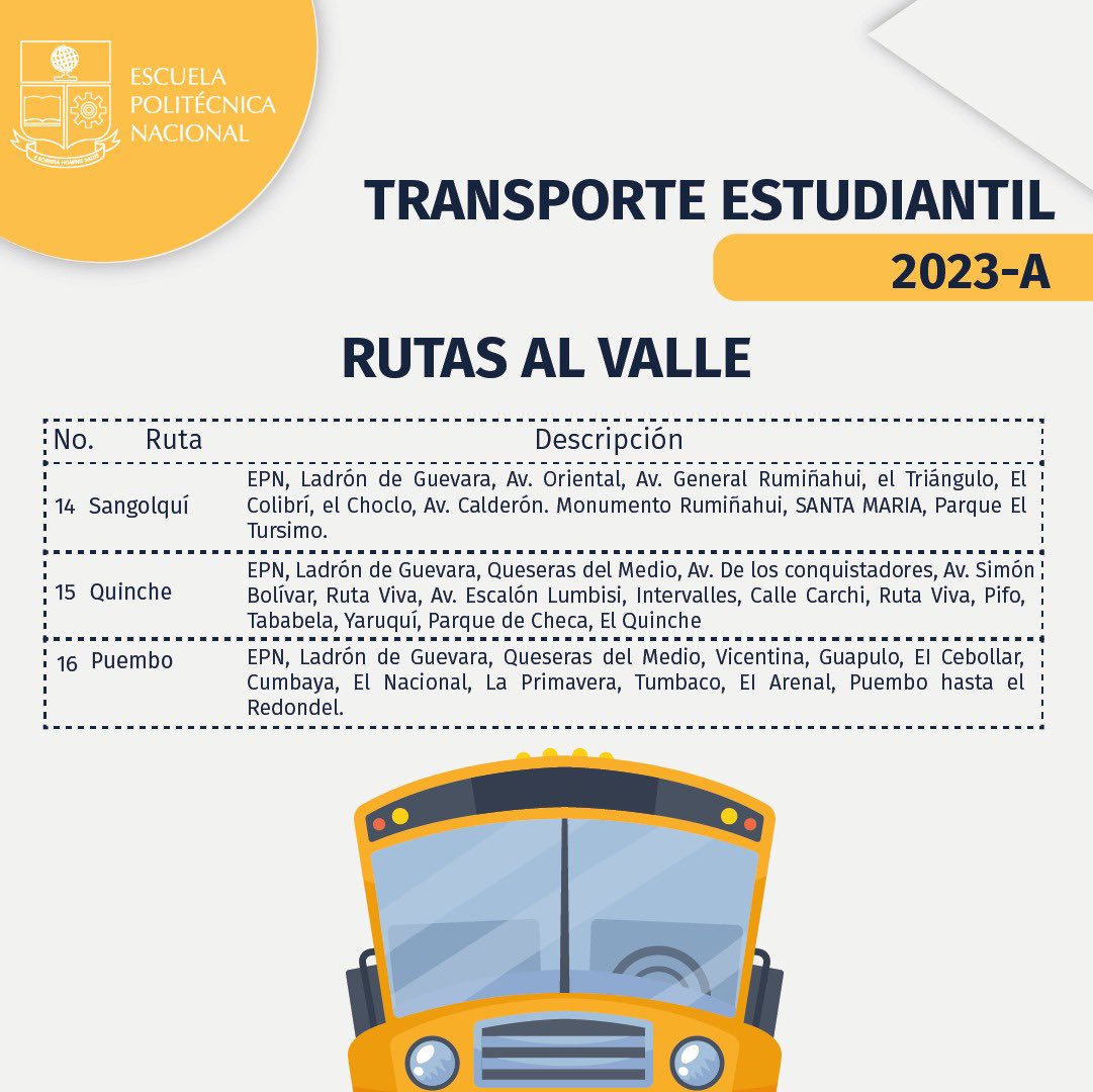 EPNEcuador's tweet photo. 🔵 #Atención estudiantes #EPN

🚍 Revisa las rutas y los requerimientos para hacer uso del servicio de transporte estudiantil #PoliBus.
⬇️⬇️ https://t.co/R1KYWrqiuD
