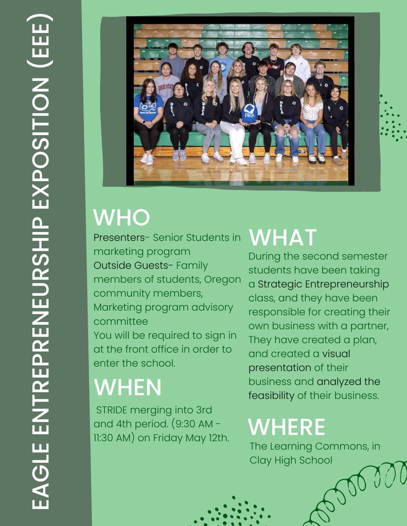only FOUR more days until the Eagle Entrepreneurship Exposition this Friday! 

9:30-11:30 in the Learning Commons at CHS! Come see our businesses!