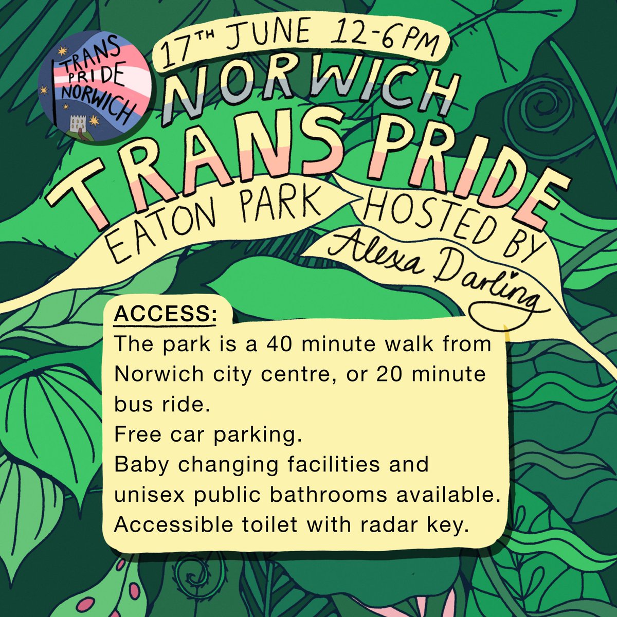 nrwtranspride's tweet photo. NORWICH - come join us on Saturday 17th June in Eaton Park between 12-6pm! The magnificent Alexa Darling will be your host for the occasion and we couldn’t be more excited! ✨

There’s gonna be:
* Workshops!
* Performances!
* Arts market
* Raffle 
* AND MORE! https://t.co/4SfKOjE2kL