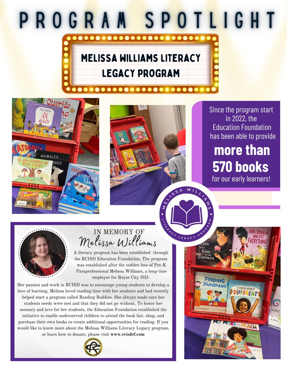 In memory of Melissa Williams we are honored to serve our economically disadvantaged early learners with vouchers to attend and shop at the Glenda Arnold ECLC book fair. Many of the books that are provided are for our bilingual population. Donate here:
rcisdef.com/melissa-willia…...