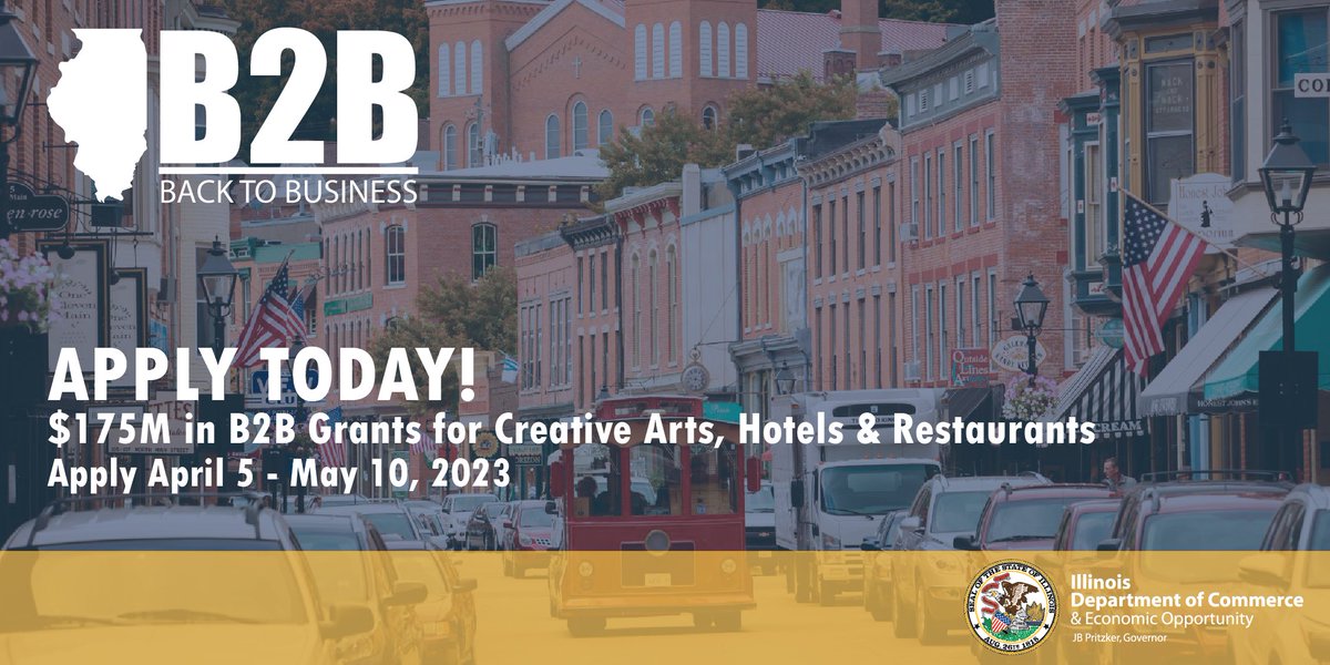 🚨 ATTENTION🚨   

The deadline to apply for #ILB2B grant funding is MAY 10! Restaurants, hotels &amp; creative arts businesses are encouraged to apply today! bit.ly/40j9qJP