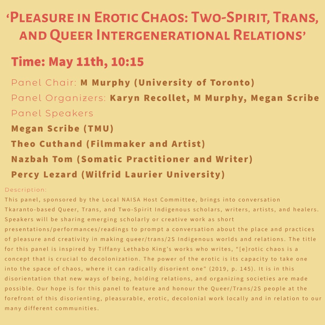 percy_ixi_✊🏾🍉 (@percy_ixi) on Twitter photo The Local Host Committee Special Panel #2:
"Pleasure in Erotic Chaos: Two Spirit, Trans, and Queer Intergenerational Relations"
<a href="/NAISA2023/">NAISA2023Tkaronto</a>
@Megan_Scribe
@TjCuthand The Local Host Committee Special Panel #2:
"Pleasure in Erotic Chaos: Two Spirit, Trans, and Queer Intergenerational Relations"
<a href="/NAISA2023/">NAISA2023Tkaronto</a>
@Megan_Scribe
@TjCuthand