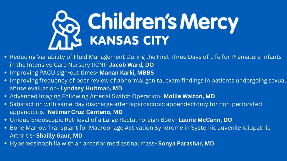 Check out these posters during @ChildrensMercy GME #Research Days Poster Presentations from 11:30am-noon and 1-1:30pm. #Pediatrics #MedTwitter