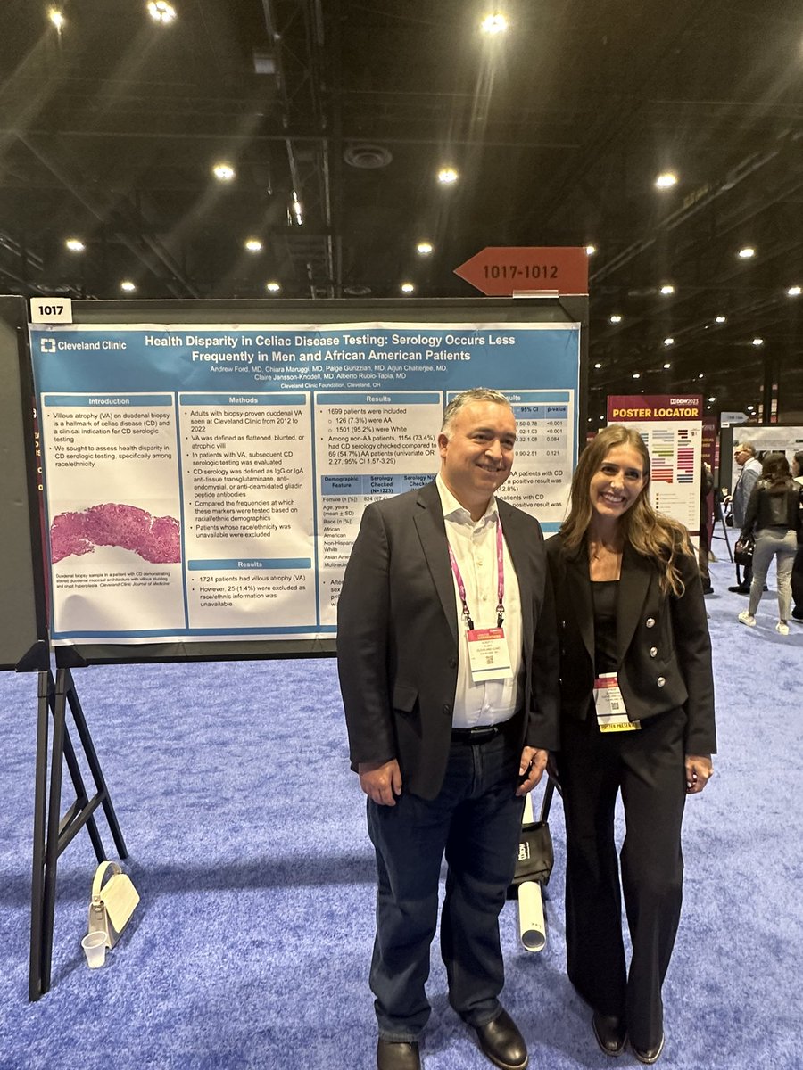 Come by poster 1017 to hear about health disparities in Celiac disease from the amazing @PaigeGurizzian and Dr Rubio-Tapia 🌟 @DrewfordMD @Chatterjee_MD @CCF_IMCHIEFS