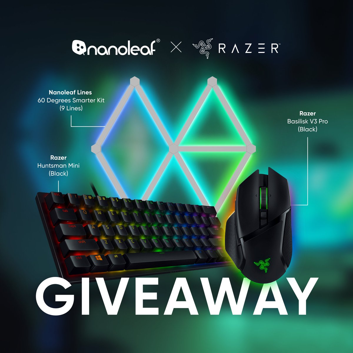 🚨NANOLEAF x RAZER GIVEAWAY🚨

🎁PRIZE:
1.  Nanoleaf Lines 60° Smarter Kit
2. Razer Huntsman Mini (Black)
3. Razer Basilisk V3 Pro (Black)

✅TO ENTER:
1. LIKE+RT+FOLLOW <a href="/nanoleaf/">Nanoleaf</a> &amp; <a href="/Razer/">R Λ Z Ξ R</a>  
2. Tag 3 friends who NEED a gaming setup makeover

Good luck!😎🤩

Ends Midnight May. 14!