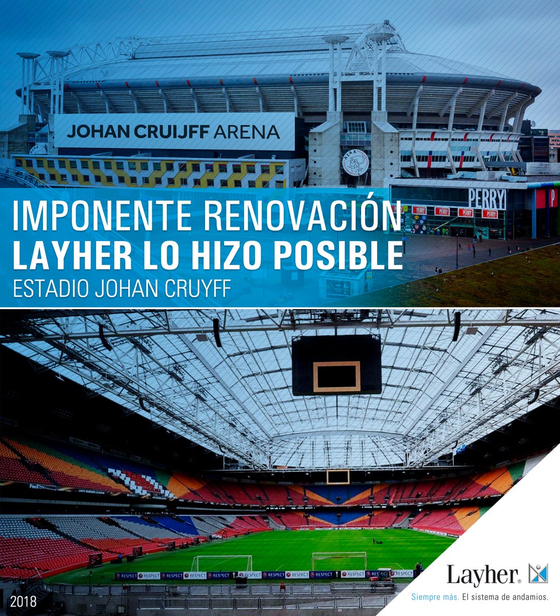LayherPeru's tweet photo. 💪🏼 #HistoriasDeÉxito | El estadio de fútbol Johan Cruyff Arena (Ámsterdam) fue renovado con nuestro sistema de andamios Layher. En esta obra se instaló la cubierta retráctil de aprox. 7,000 Tn que se extiende sobre la tribuna y la fachada del estadio que cubre 20,000 m2 aprox. https://t.co/jMn285KmqK