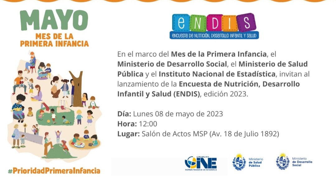 Lanzamiento de la nueva edición de la Encuesta de Nutrición, Desarrollo Infantil y Salud (ENDIS). Comenzará este semestre y se ampliará en el segundo. <a href="/educacion_mec/">Educación MEC</a> <a href="/midesuy/">Ministerio de Desarrollo Social</a> <a href="/MSPUruguay/">Ministerio de Salud Pública – Uruguay</a> <a href="/ine_uruguay/">INE Uruguay</a>