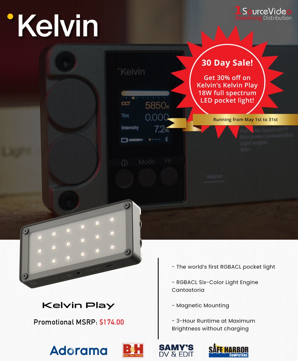 Through the month of May, get 30% off this amazing product!

Introducing the world’s first RGBACL pocket light from Kelvin!

#Kelvin #1SourceVideo #KelvinPlay #Panelight #compact #LEDlighting #fullspectrumLED #Cantastoria #scandinaviandesign #madeinnorway #RedefiningDistribution