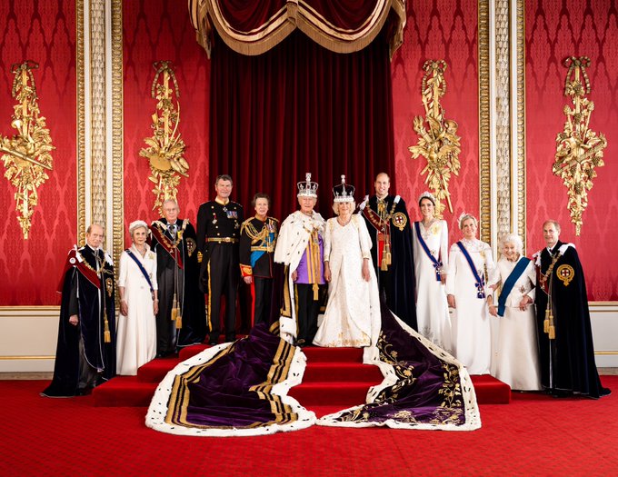 Pictured from left to right: The Duke of Kent, The Duchess of Gloucester, The Duke of Gloucester, Vice Admiral Sir Tim Laurence, The Princess Royal, The King, The Queen, The Prince of Wales, The Princess of Wales, The Duchess of Edinburgh, Princess Alexandra, The Duke of Edinburgh.