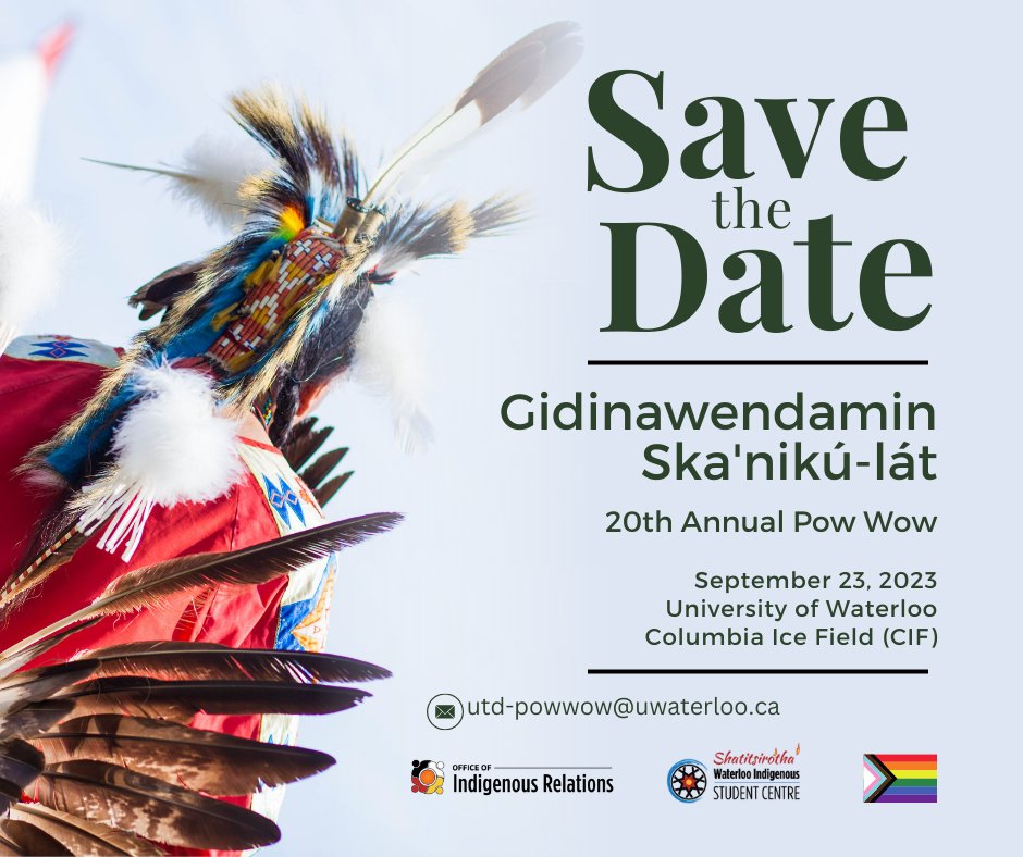 Save the date! More details coming soon! 
September 23, 2023, 10am - 6pm, at University of Waterloo Columbia Icefield (CIF)
#powwow #ontariopowwow #uwaterlooindigenous #unitedcollege #uwaterloo #powwowtrail