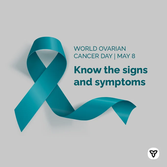 Illustration of a teal ribbon. Image text: World Ovarian Cancer Day │ May 8. Know the signs and symptoms.