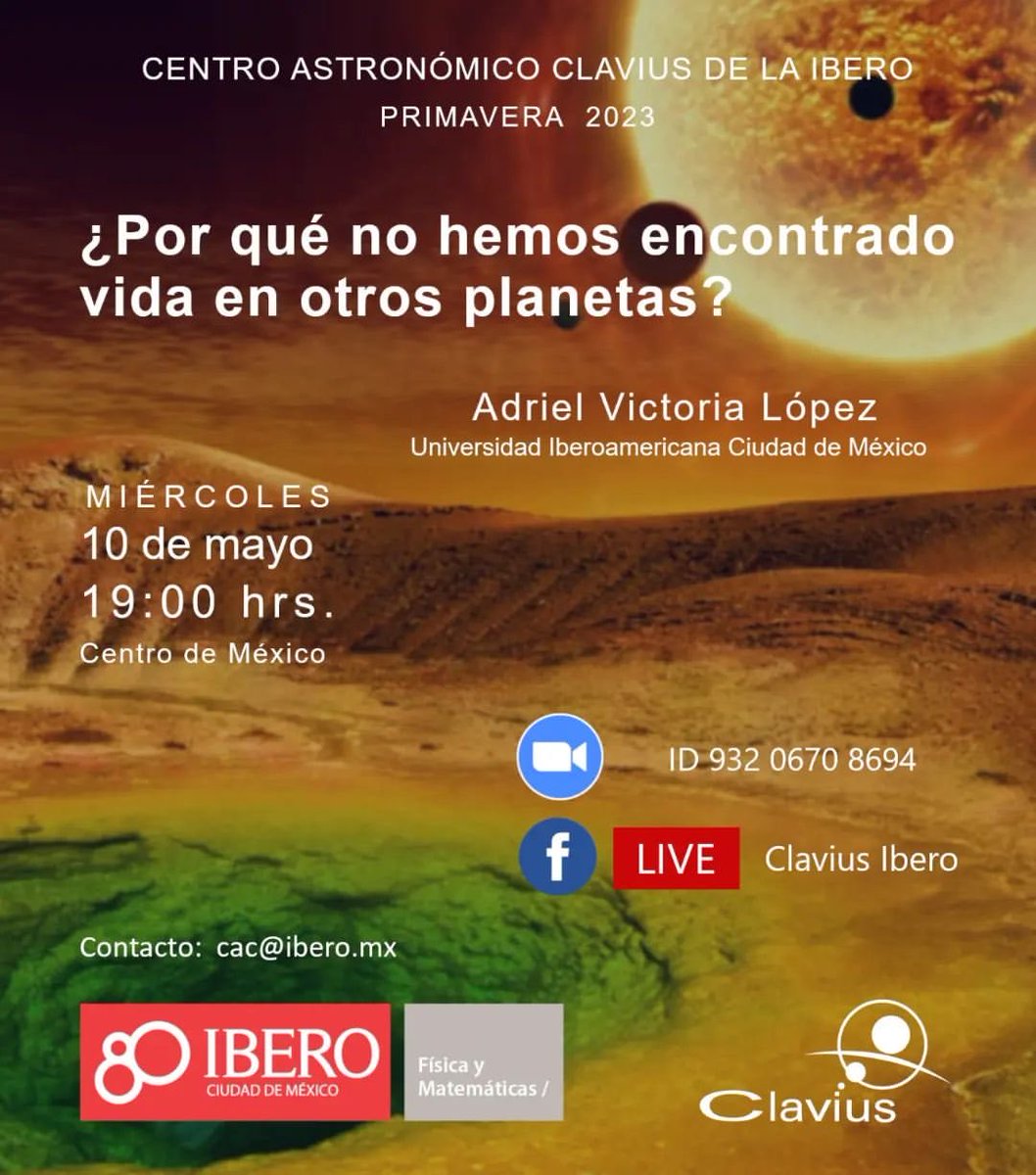 Este miércoles cerramos el ciclo de conferencias Primavera 2023.

No se pierdan “¿Por qué no hemos encontrado visa en otros planetas?” con Adriel Victoria

A las 19:00hrs (CDMX) a través de Zoom (ID: 932 0670 8694) y Facebook Live.