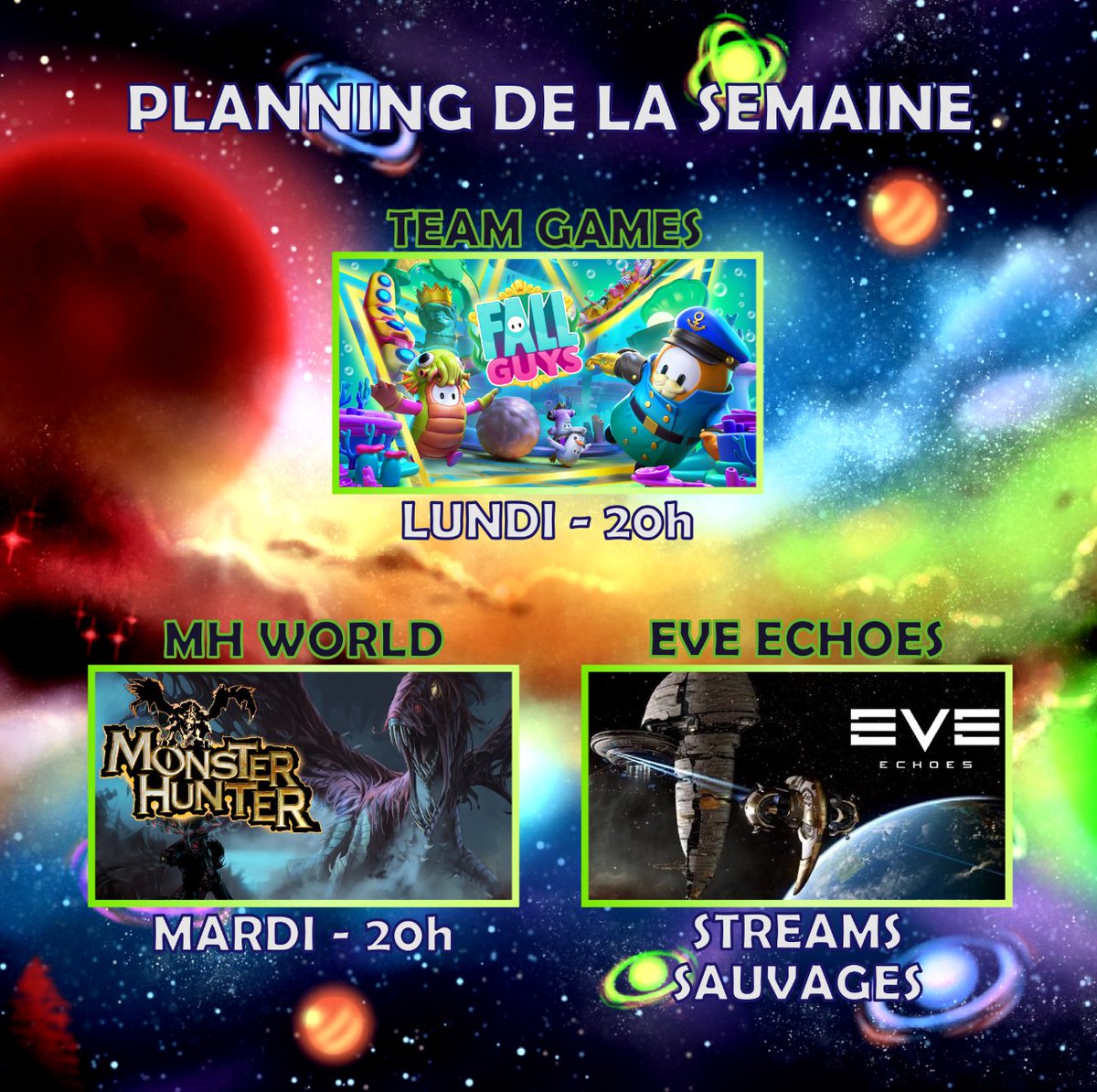 LeKricket's tweet photo. Voici le planning de la semaine ! 🤗
🎥 Lundi - Fall Guys en team 🤝
🎥 Mardi - Stream MH World avec le chat 🐉
🎥 Stream sauvages possibles pour du EVE Echoes 🚀
#twitch #stream #planning #twitchfr #games https://t.co/igkThosYdI