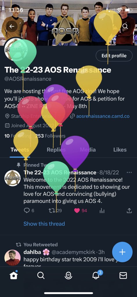 AOSRenaissance's tweet photo. HAPPY BALLOON DAY TO US!! Stop by at 3PM EST/12PM PST for the release of the digital #AOSR Zine and pop some balloons! 🖖 https://t.co/338GyT5tfq
