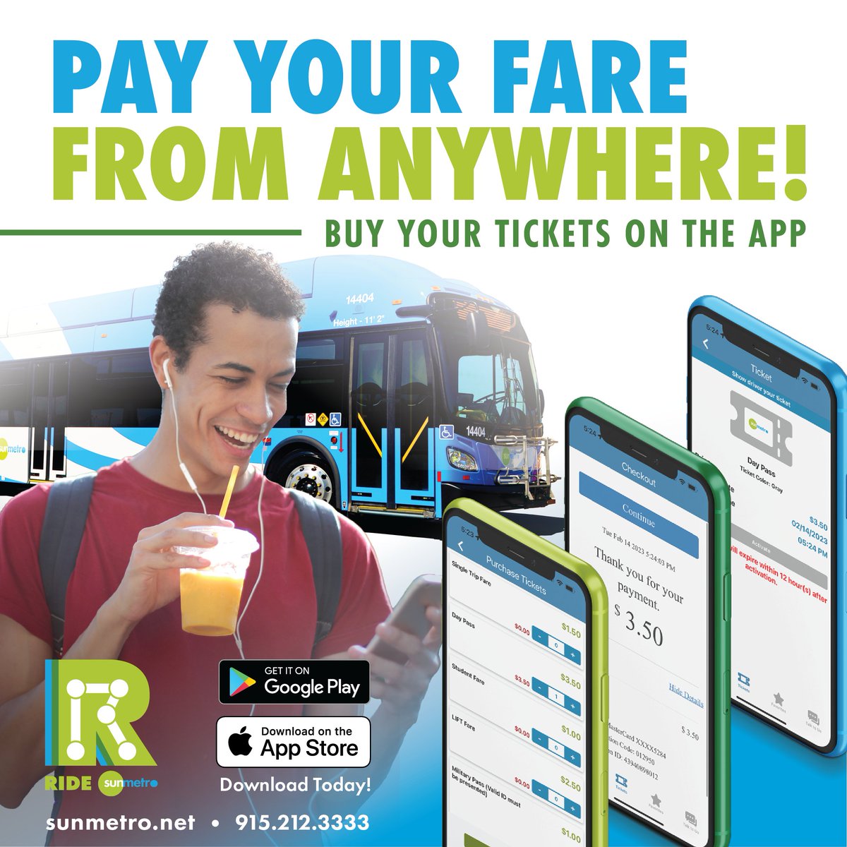 Pay your fare from ANYWHERE! Buy your tickets on the Ride Sun Metro App.

Download the app: bit.ly/40sjNuR

For more information call 915-212-3333

#RideSunMetro #sunmetro #buyonline #busfare #digitalbusticket #busticket #eptransit #eptx