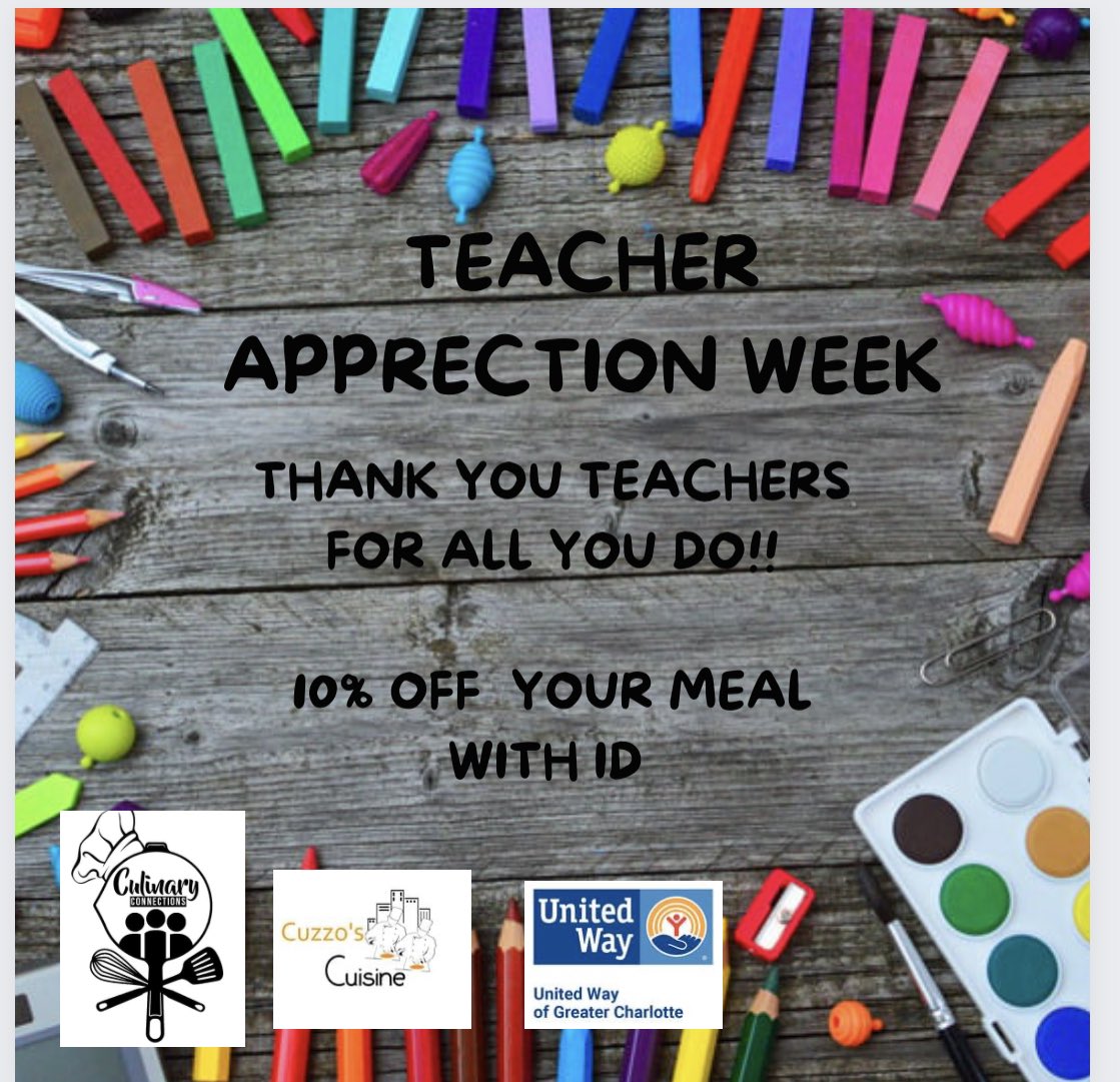 cher Appreciation Week. THANK YOU TEACHERS FOR ALL YOU DO!!
10% off all Teachers meal must have School ID
At Both Locations