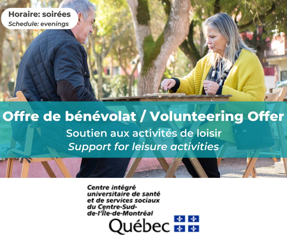 Benevolat's tweet photo. L'institut de réadaptation Gingras-Lindsay-de-Montréal recherche des bénévoles pour soutenir l’intervenant en loisirs afin d’offrir des activités diversifiées et adaptées au potentiel des usagers et des usagères. ♟️🎨 Pour voir l'offre 👉 https://t.co/2brvAfyjrP @ciusss_csmtl https://t.co/GuFv0tsiOw
