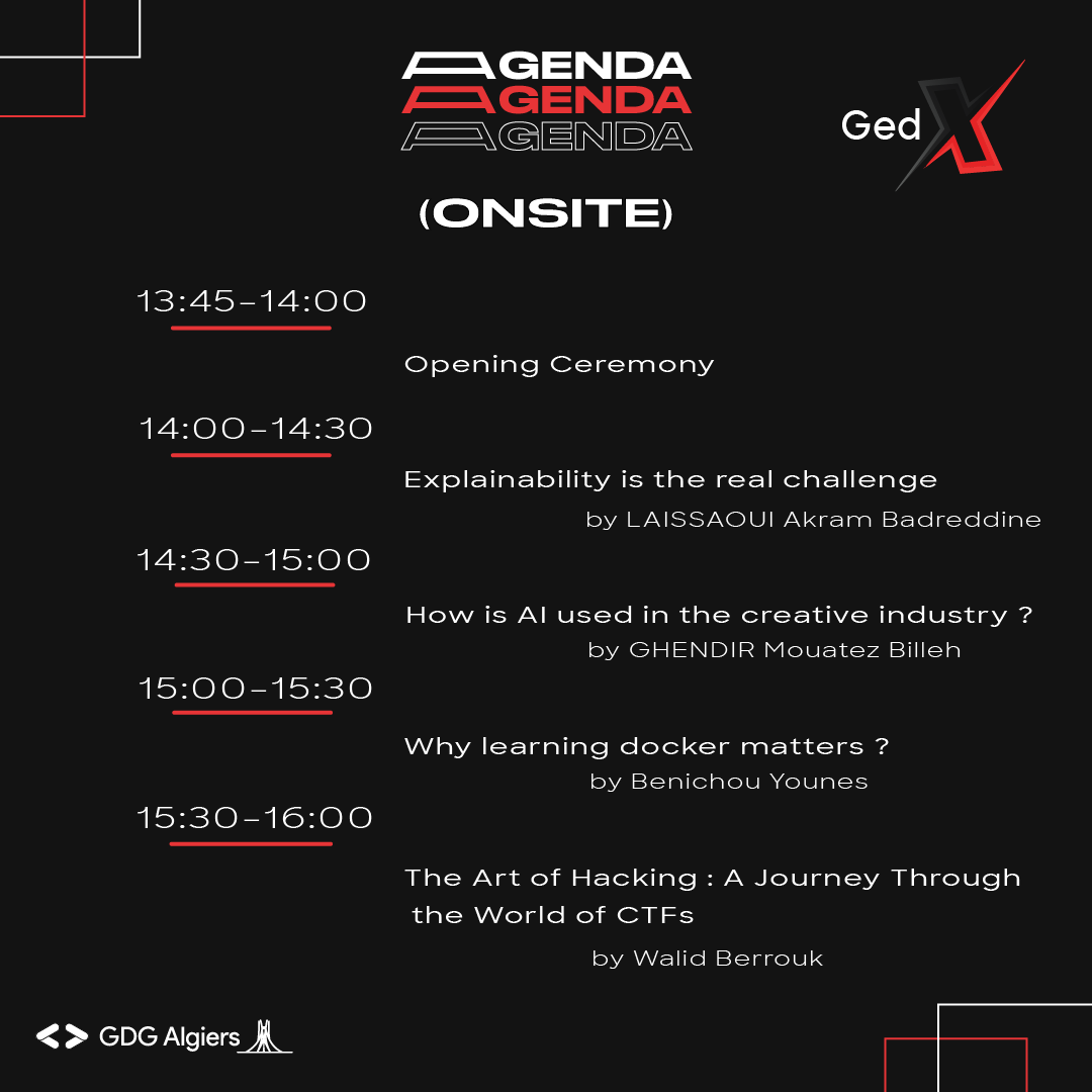GDG_Algiers's tweet photo. The wait is over! Here's the agenda for the D-day. Get ready for a day full of learning and inspiration.
We can't wait to see you at GedX! 🫶

#Gedx #GDG #GDGAlgiers #WTMAlgiers #agenda https://t.co/FEBoeH9Uq5