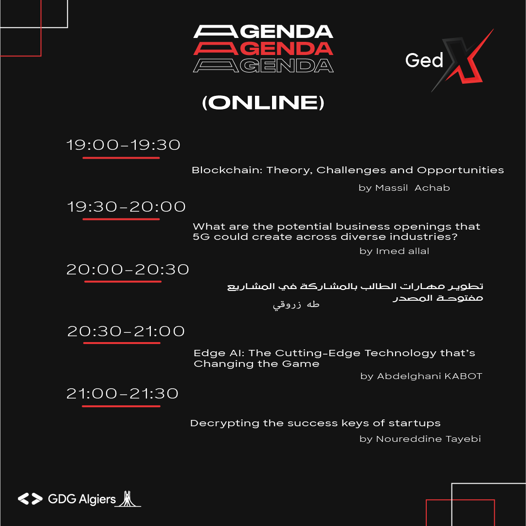 GDG_Algiers's tweet photo. The wait is over! Here's the agenda for the D-day. Get ready for a day full of learning and inspiration.
We can't wait to see you at GedX! 🫶

#Gedx #GDG #GDGAlgiers #WTMAlgiers #agenda https://t.co/FEBoeH9Uq5