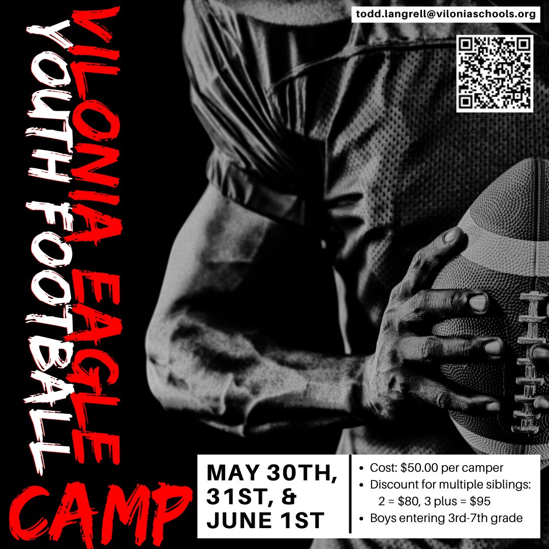 Vilonia Eagle Youth Football Camp Signups!  Scan the QR code or download the paperwork here: buff.ly/3LMnPsd