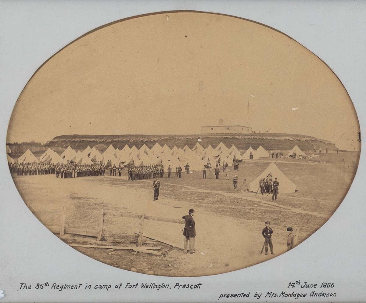 “The 56th Regiment in camp at Fort Wellington, Prescott [Ont], 14th June 1866” -- during the Fenian Raids. #OTD Learn more 👉 thecanadianencyclopedia.ca/en/article/fen…