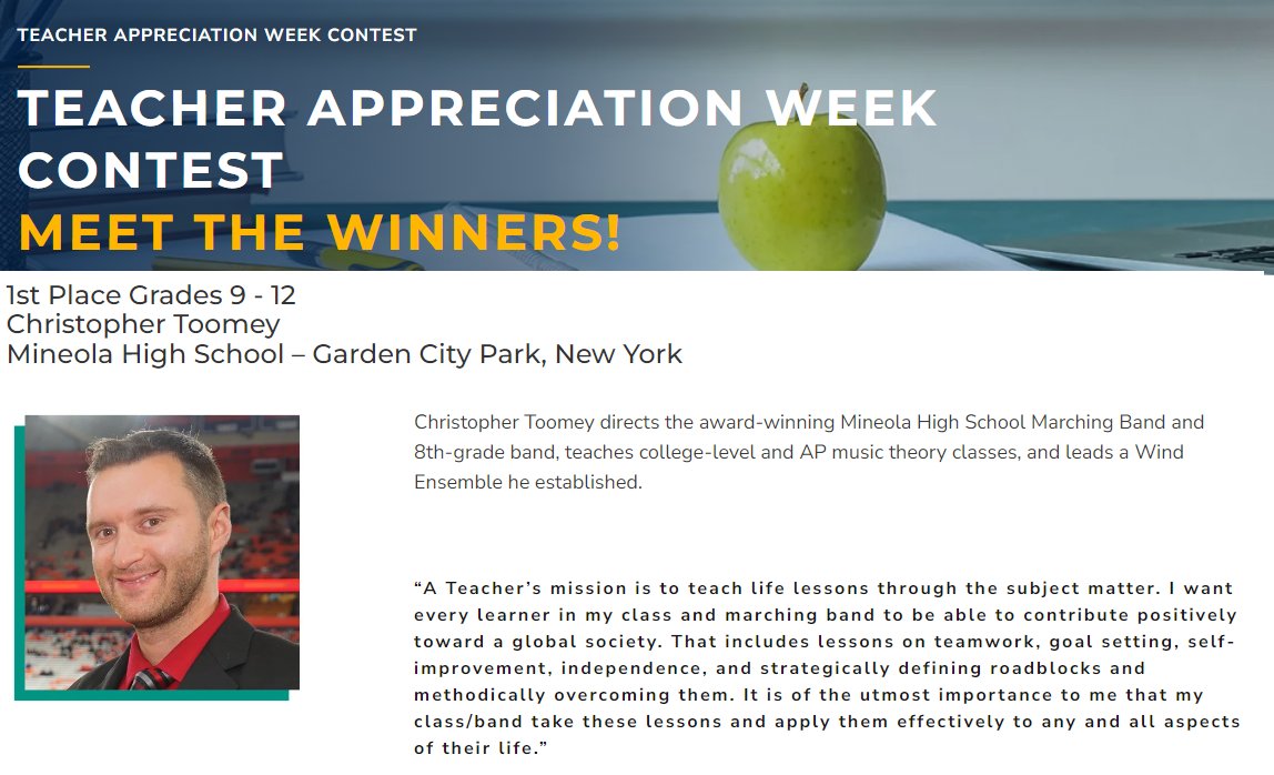 1st place! Wow. I am honored. Thank you SO much to all of the members of the <a href="/MineolaUFSD/">Mineola UFSD</a> and <a href="/MineolaFineArts/">MineolaFineArts</a> department for your support. $2,500 will be donated to our music department, plus <a href="/teachersfcu/">Teachers FCU</a> swag for all 140 members of the marching band! #MineolaProud