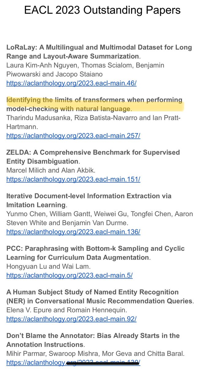 AaronHan2013's tweet image. Congrats Tharindu on Outstanding paper award &quot;Identifying the limits of transformers when performing model-checking with natural language&quot; #EACL #UniMan_NLP from our Manchester NLP group