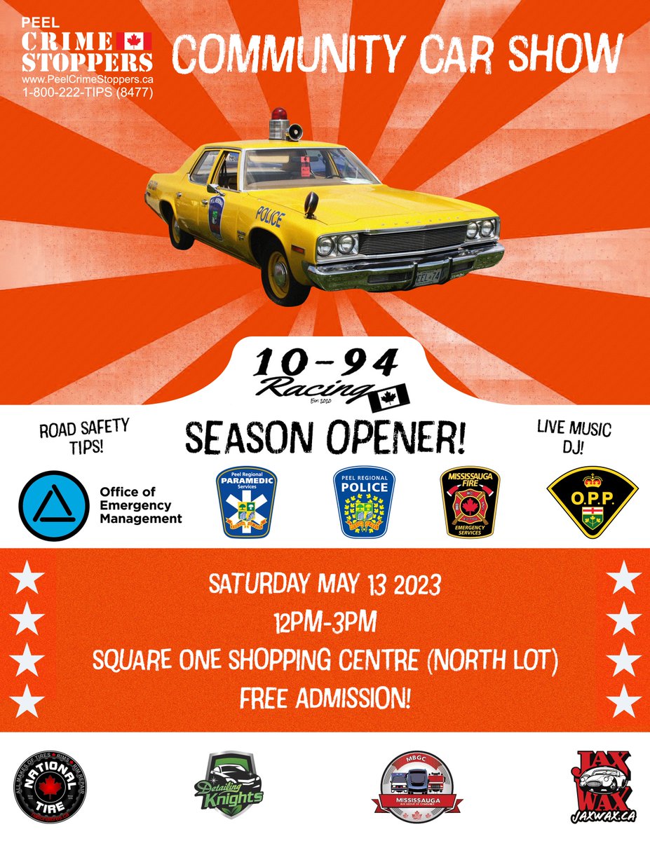 PeelCrimeStopp's tweet photo. @PeelCrimeStopp Press Release - https://t.co/l0hxyI5V8h A FREE community CAR SHOW this weekend aimed at promoting automobile safety - PCS + local auto club 10-94 Racing is hosting a family oriented CAR show @shopSQUAREONE North Lot. All visitors enter FREE of charge!
#FREECarShow https://t.co/keIiY7cnmm