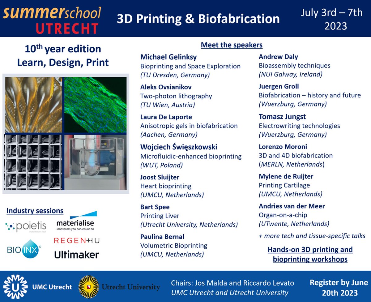 The final programme for the #3dprinting and #biofabrication @utrechtsummer school is now online! Join us to learn from many international experts in #bioprinting @ISBioFab, and for hands-on workshops with all the printing techs! @josmalda 👉🔗utrechtsummerschool.nl/courses/life-s…