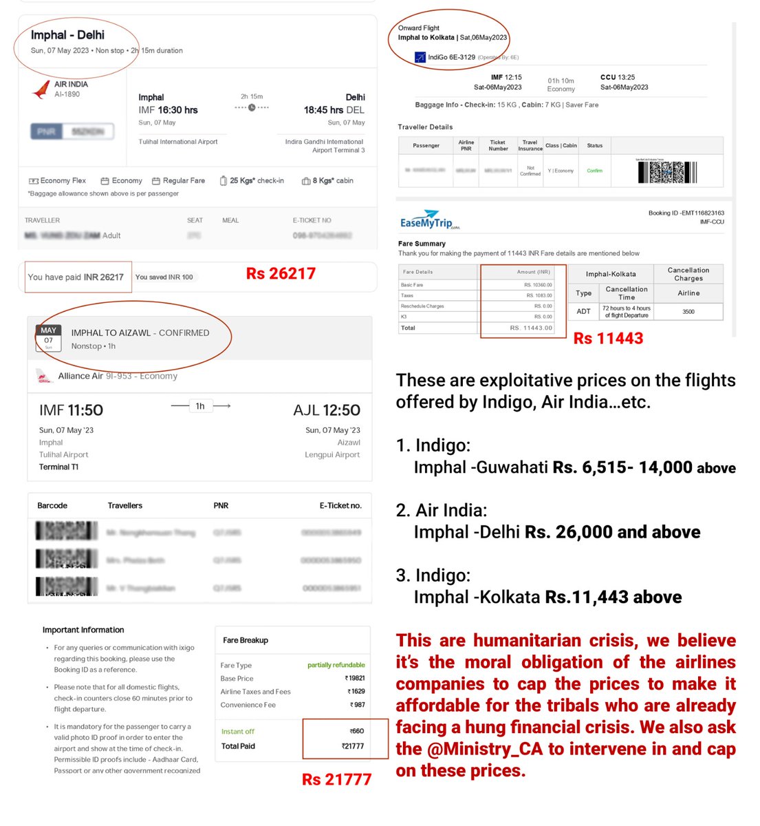 Tonsing_S's tweet photo. #HumanitarianAidForManipurTribals
#ControlPriceHike.
Evacuation flight for stranded tribals doubled/tripled.
This is exploitation of tragedies.
Please look into the matter.
@vijaysaireddy
@SPhangnon
@sonal_mansingh
@TapirGao
@RahulKaswanMP
@JM_Scindia
@SachinPilot https://t.co/T6ukiirAe2