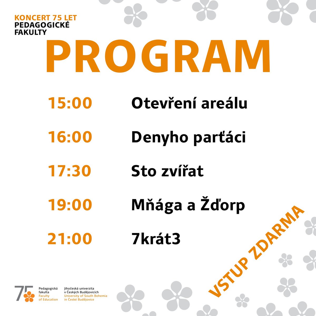 🧡Všechny srdečně zveme na koncert, který jsme přichystali k příležitosti 75. výročí naší fakulty! 🏟️Přijďte ve čtvrtek 11. května odpoledne na Stadion PF JU Na Sádkách! Vstup je zdarma💰
<a href="/JihoceskaUni/">Jihočeská univerzita</a>