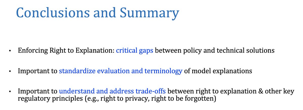 I had a great time talking about "Enforcing Right to Explanation: Technical Challenges, Solutions, and Opportunities" at the Responsible AI workshop at <a href="/CarnegieMellon/">Carnegie Mellon University</a> University. 

Slides: tinyurl.com/dtbpemv3 

Key takeaways summarized👇. More details in the thread👇 [1/N]