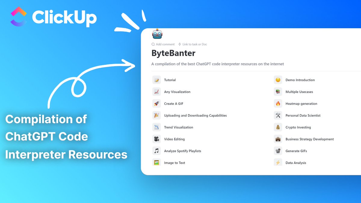 ChatGPT code interpreter is fantastic!

To help you learn about it in depth, I've compiled all the best resources .

It is FREE for 24 hours only.

To get it,
1. Like
2. Retweet
3. Comment '👍'

I'll send it to you for FREE.

You must be following me or else I can't send.