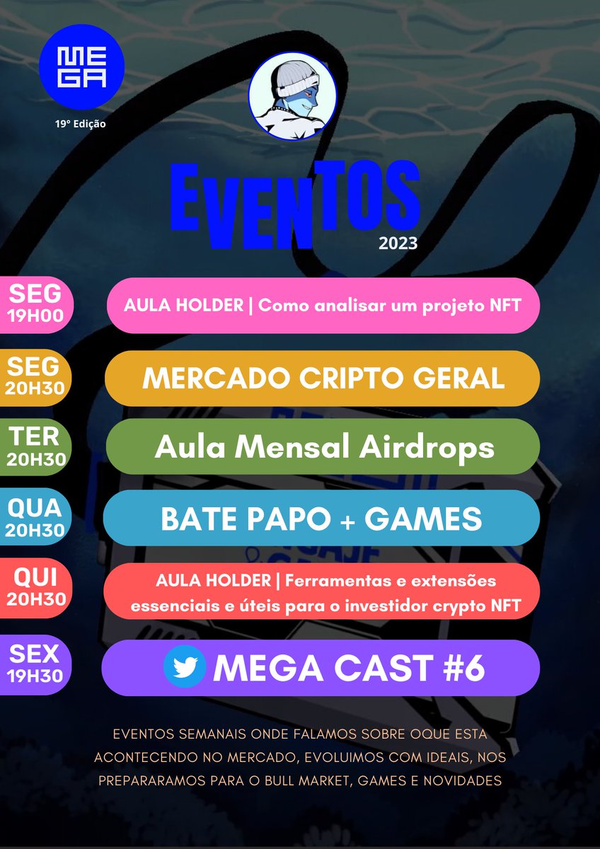 Eventos dessa semana em nosso Discord e Twitter

Lembrando que todos eventos pontuam XP em nosso sistema de engaje para ganhar onde vamos dar R$5000,00 dividido entre os melhores do ranking no mês de maio

Entre em nosso discord:
discord.gg/megadao

#criptobr #nftbr